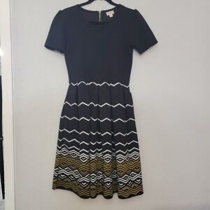 LuLaRoe Elegant Dress Fit and Flare Short Sleeve Black Gold‎ Silver Medium